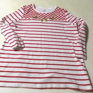 Kim Rogers long Sleeved Soft Tee - Red and White Stripped with Gold Reindeer.